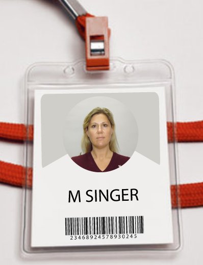 A woman with blonde hair in a burgundy shirt on an ID badge with barcode, attached to a red lanyard and badge clip.