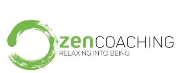 Logo of Zen Coaching with a green circular brushstroke and the text 'zen COACHING relaxing into being'