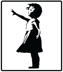 Silhouette of a young girl in a dress pointing to the left with her right arm extended