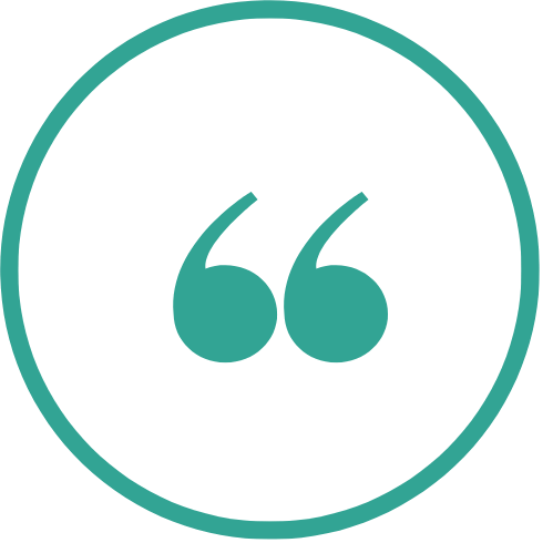 A teal speech bubble with quotation marks inside, representing a quote or dialogue.