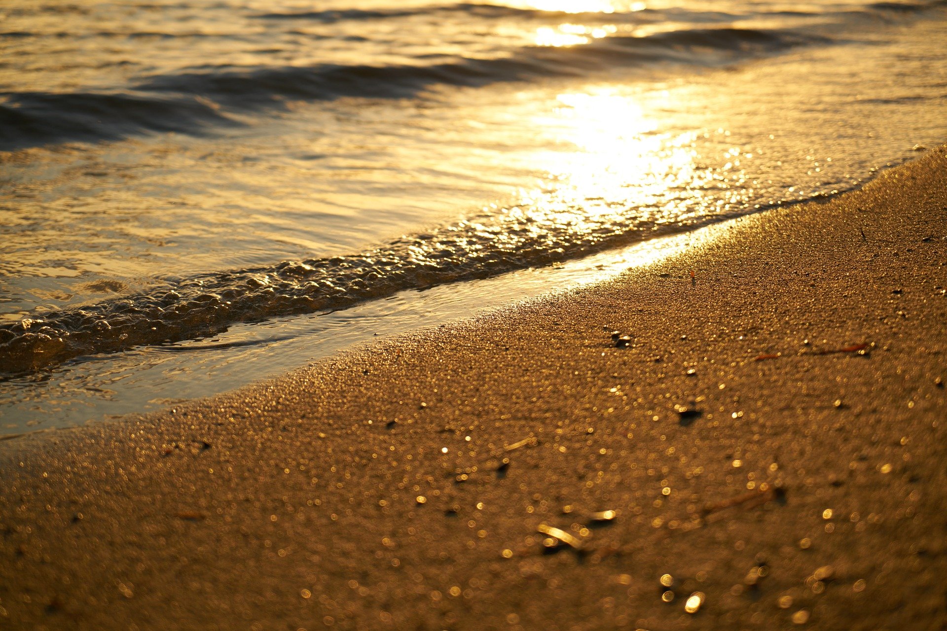 Golden sunset over a sandy beach with gentle waves lapping the shore.