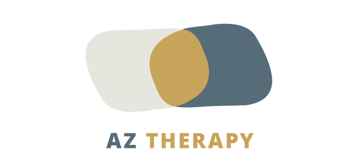 Logo for AZ Therapy featuring a graphic of three overlapping pills in white, tan, and dark gray, with the text 'AZ THERAPY' below.