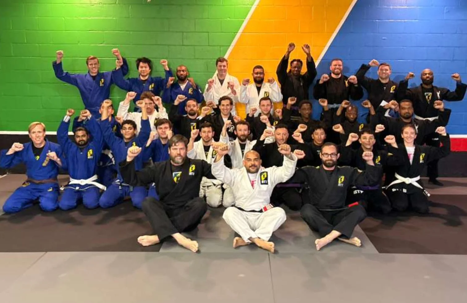 Group of martial artists wearing gi uniforms photo on a dojo mat with colorful wall background, many with fists raised in victory.