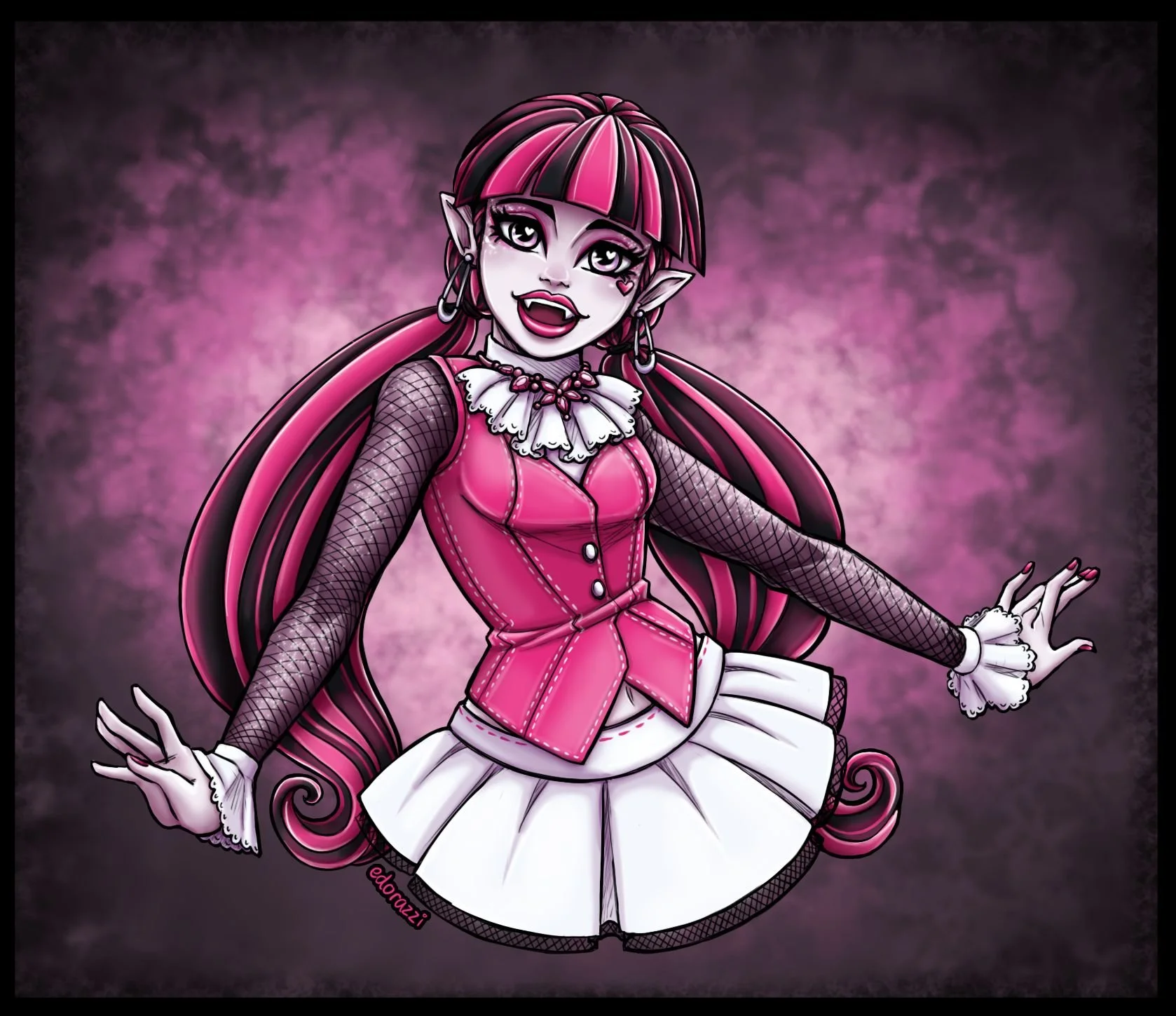 Digital illustration of a female vampire character with long pink and black hair, pointed ears, and fanged smile, dressed in a pink vest, black fishnet sleeves, and a white skirt, set against a pink and purple smoky background.