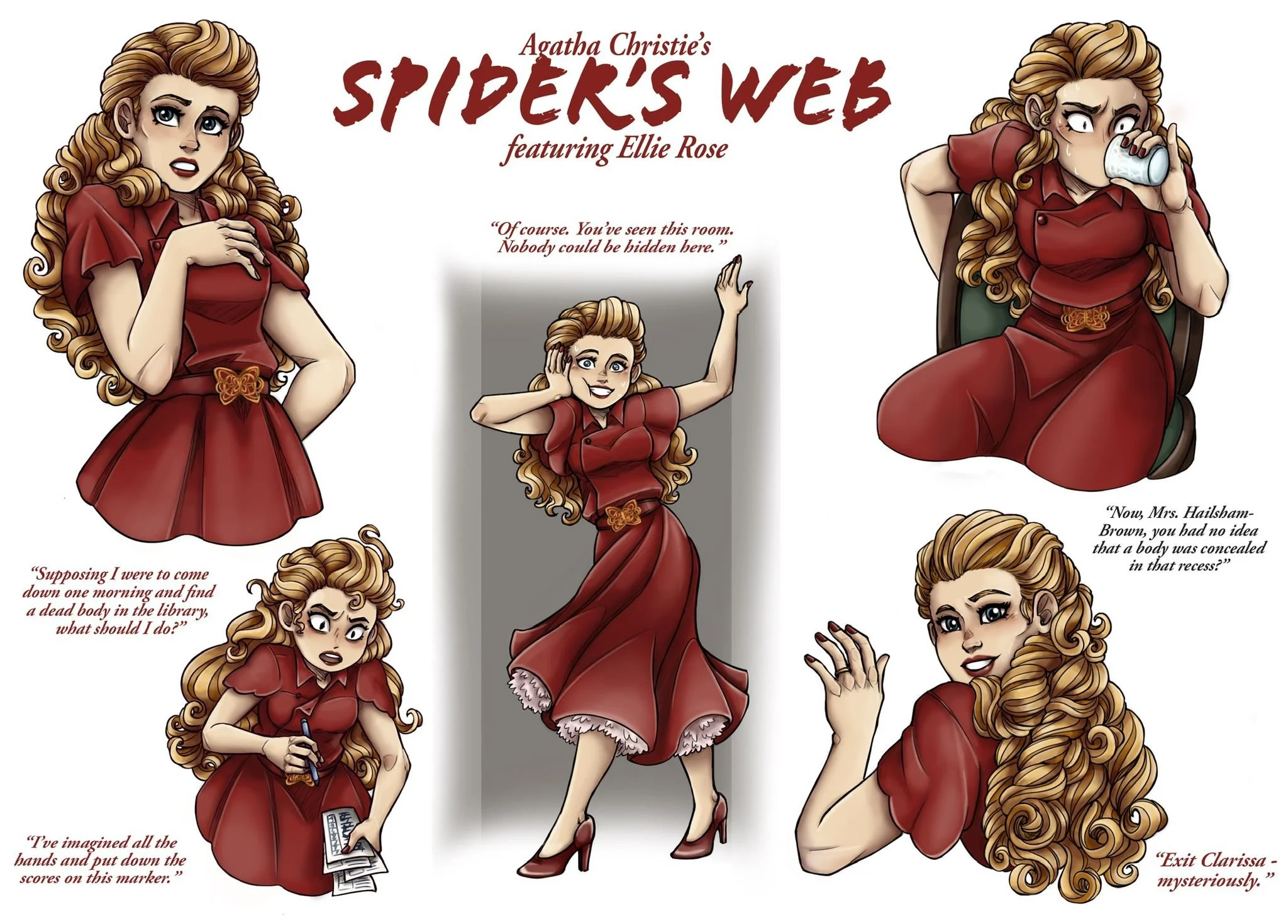 Comic illustrations of a woman with long curly hair in a red dress, displaying various emotions and actions, from worried to excited, related to a scene from Agatha Christie's Spider's Web.