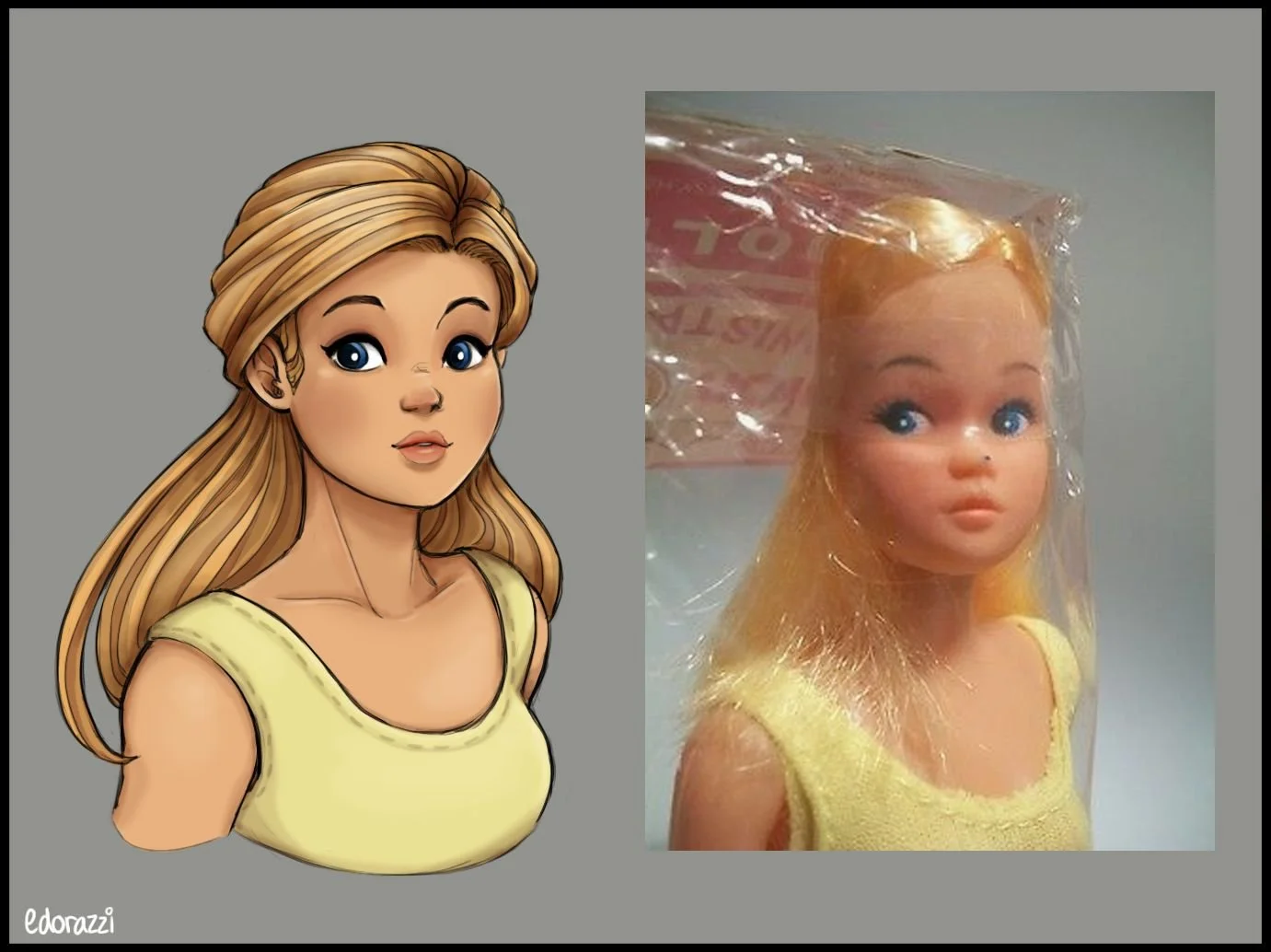 Comparison of a digital illustration and the real-life doll model that the drawing is of. Both are a young girl with blonde hair, blue eyes, and a yellow top.