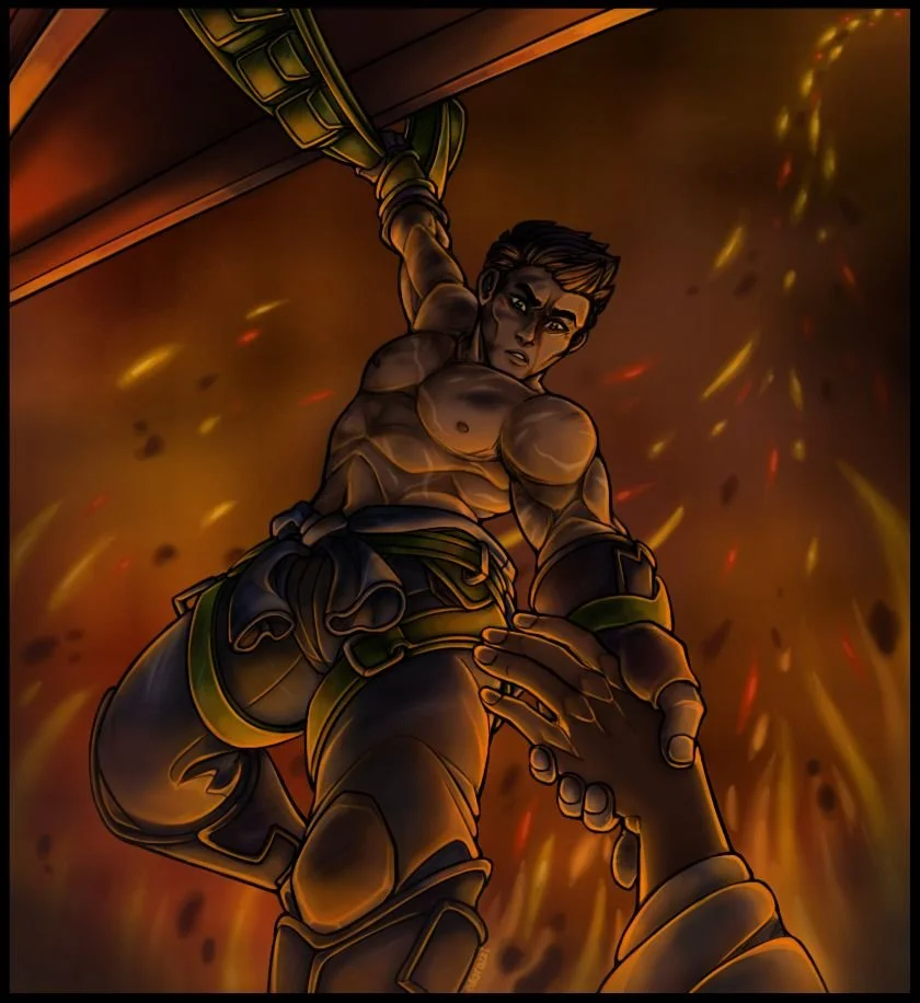 A muscular man with short brown hair is wielding a large sword, standing in a fiery environment with sparks flying around.