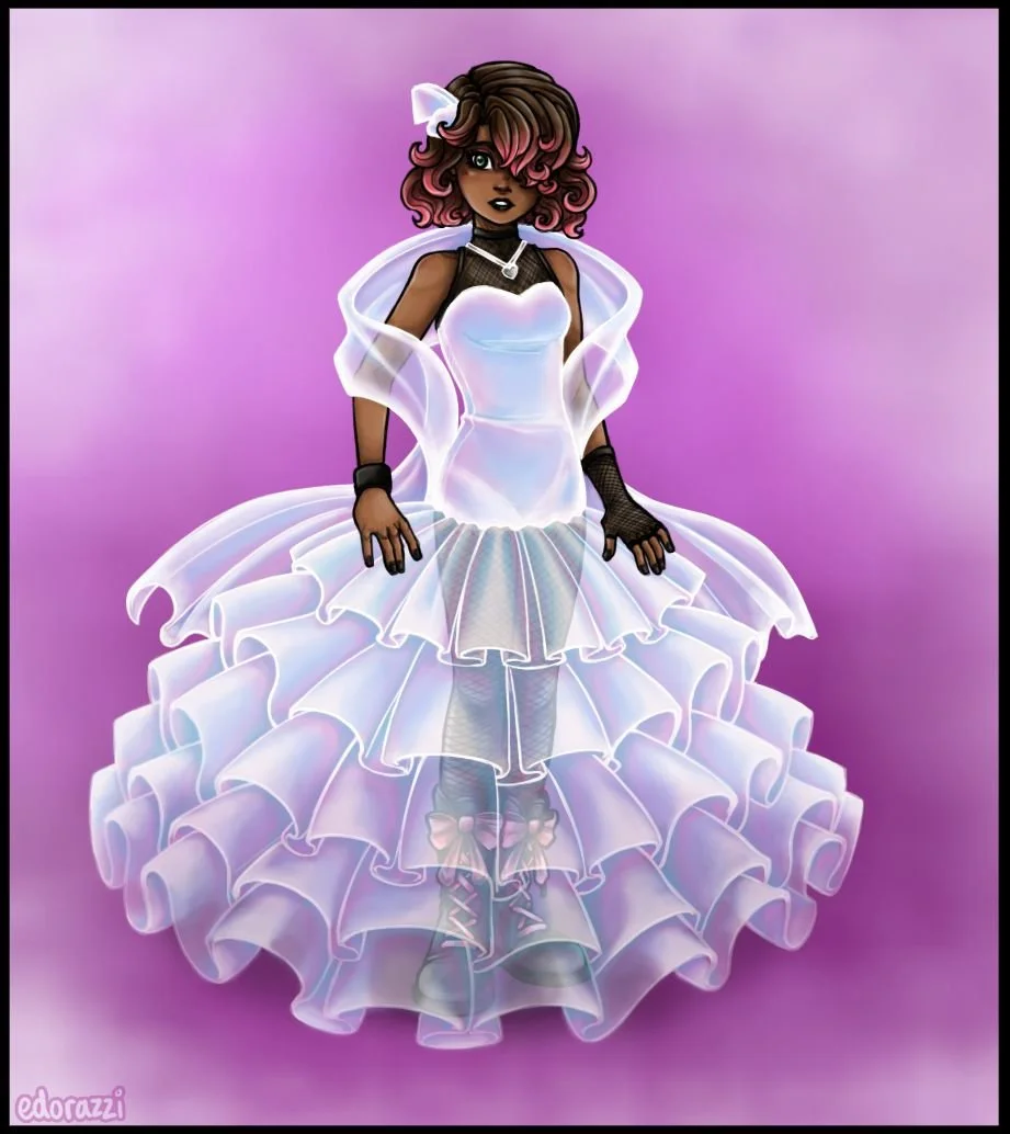 Digital illustration of a young woman with dark skin, pink and brown curly hair, wearing a white ruffled ball gown with iridescent sheen, black mesh top, black arm accessories, lace-up boots with pink bows, and a large white bow in her hair, standing