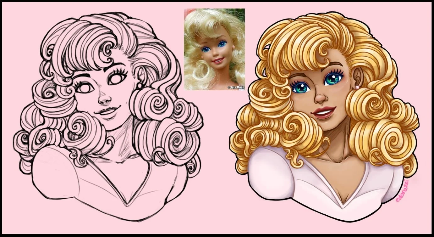 Comparison of a line drawing and a colour digital illustration of a girl with long, curly blonde hair, blue eyes, and wearing a pink top. A small photo inset of the Barbie doll with similar hair and features, which the drawings are based on. 