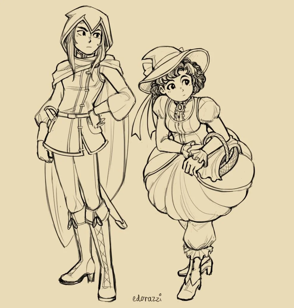 Line drawing of two female characters, one standing with her hand on her hip and the other sitting with a large hat and basket, dressed in fantasy-style clothing.