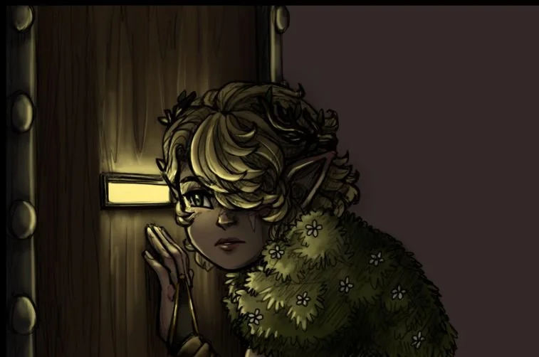 A fantasy-style digital illustration of a girl with elf-like ears and wavy blonde hair, peeking through a partially open wooden door with a small rectangular window.