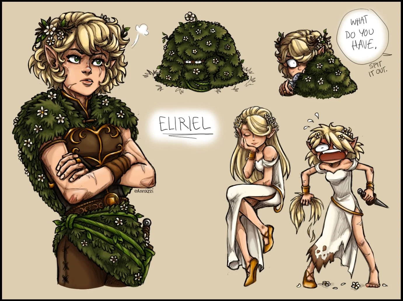 A compilation of illustrations featuring Elriel, a fictional character, showing different expressions and poses. It includes a large portrait of Elriel with crossed arms and a confident expression, a bush with eyes and a face, a surprised version wit