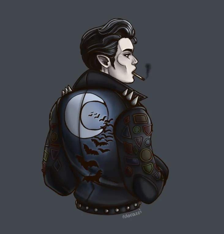 Digital illustration of a vampire with slicked back black hair, pointed ears, and wearing a dark jacket. There is a moon and bat design on the back of the jacket. They are smoking a cigarette, with smoke rising. The background is dark grey.