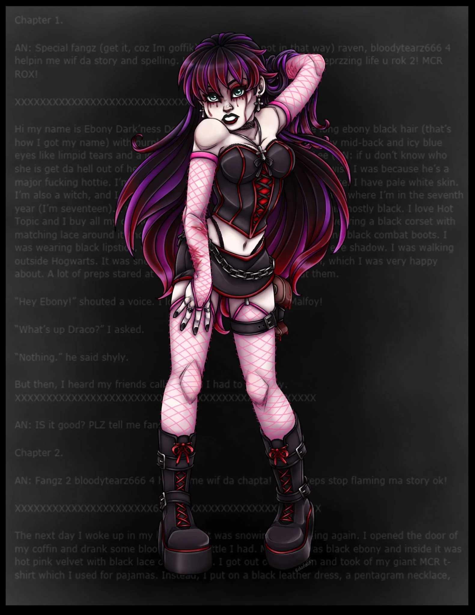 Digital illustration of an anime-style goth girl character with long purple and pink hair, pierced nose, and gothic clothing, standing with one arm raised and wearing fishnet stockings and black combat boots.