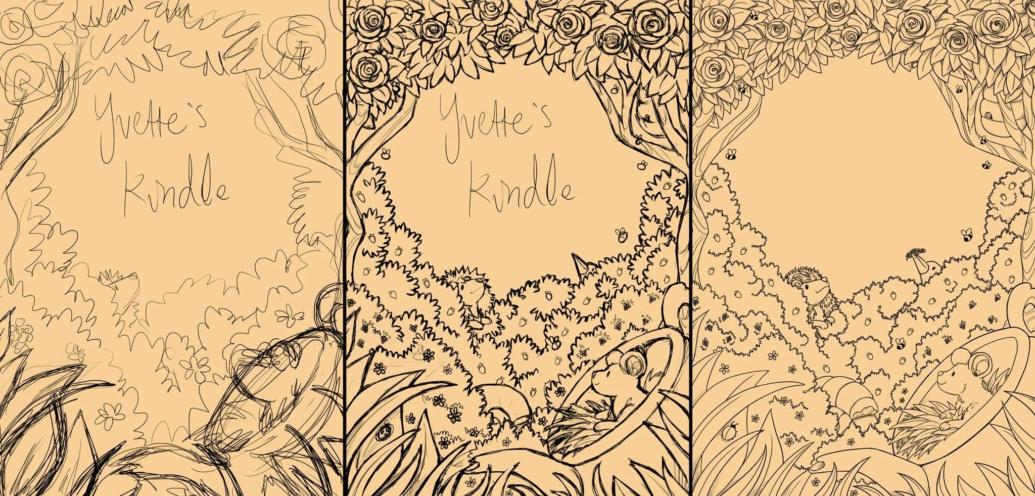 A triptych coloring page featuring the text 'Yvette's Kindle' surrounded by nature and animal illustrations. The artwork includes trees, flowers, bees, and mice resting in a hammock, with detailed line work in black on a beige background.
