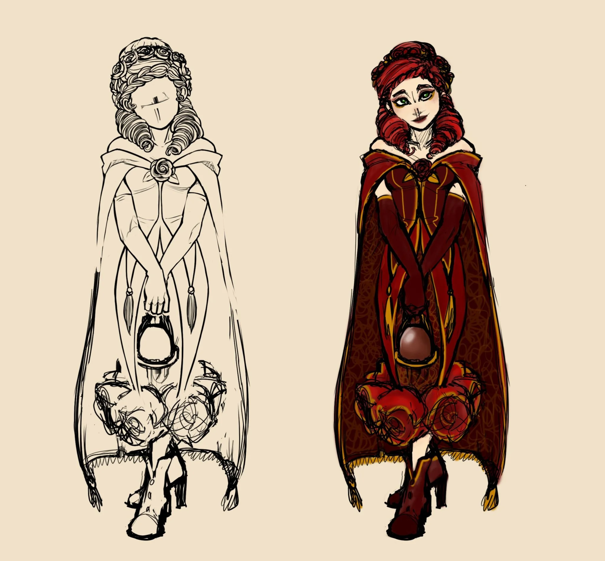 Comparison of a black and white sketch and a colored illustration of a woman in medieval fantasy costume with a red cloak, red hair, and holding a small bag.