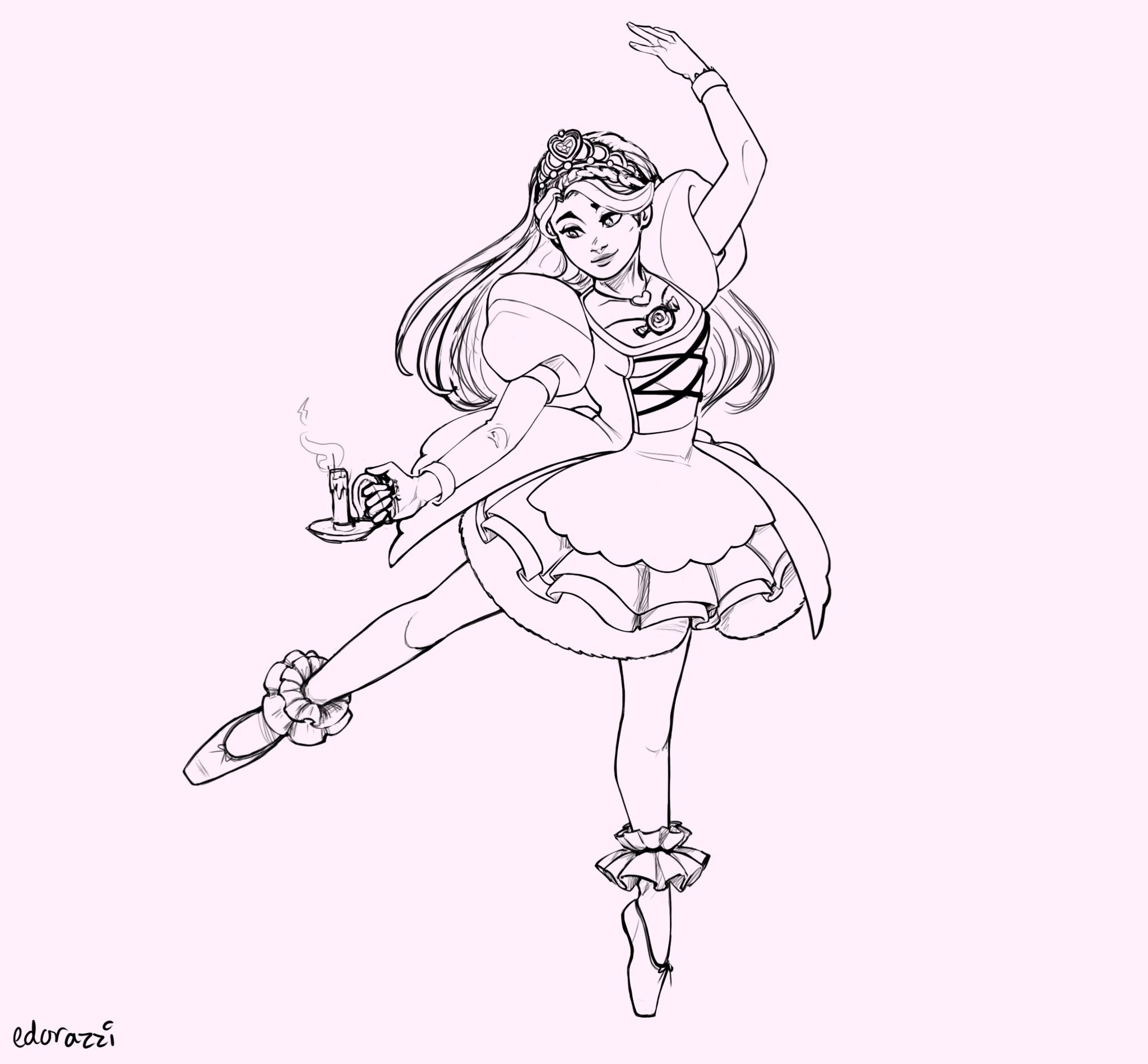Line drawing of a ballerina holding a tray with a steaming drink, dressed in a tutu and ballet slippers, performing a dance pose.