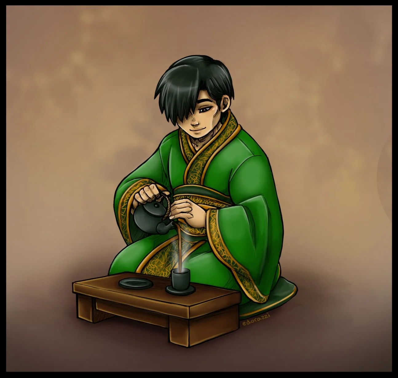 Digital illustration of a person resembling a monk or shaman, wearing a green traditional robe who is kneeling at a low wooden table. They are pouring tea from a kettle into a cup.