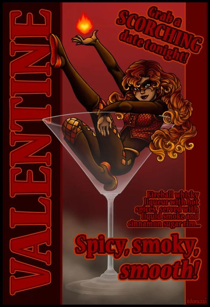 A cartoon woman with curly hair and glasses sitting inside a martini glass, with a small flame above her raised hand. The background is red with text promoting a spicy, smoky cocktail called 'Fireball whisky liqueur with hot spices, served with liqui
