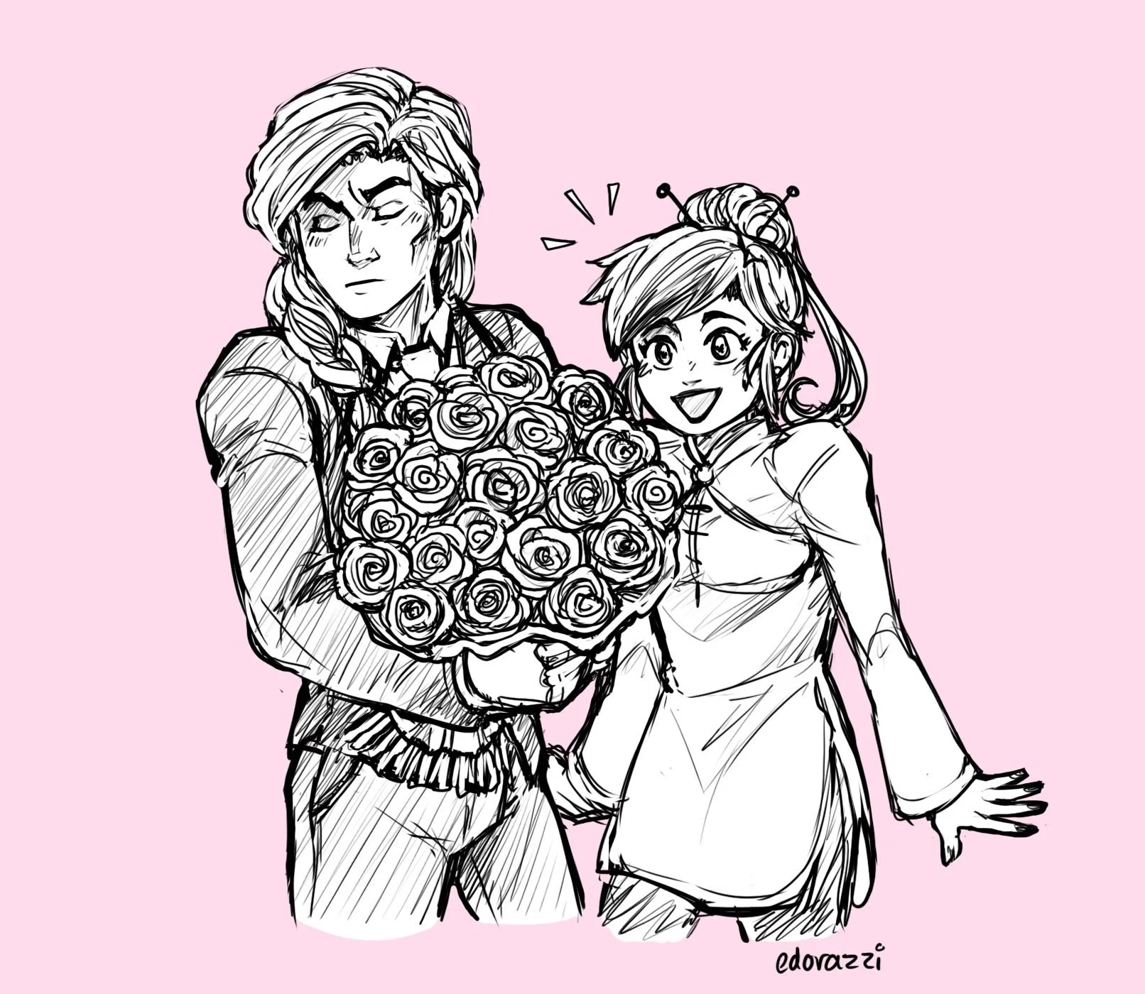 A black and white sketch of a man with long hair holding a large bouquet of roses, standing next to a smiling young girl with short hair and a dress, on a pink background.