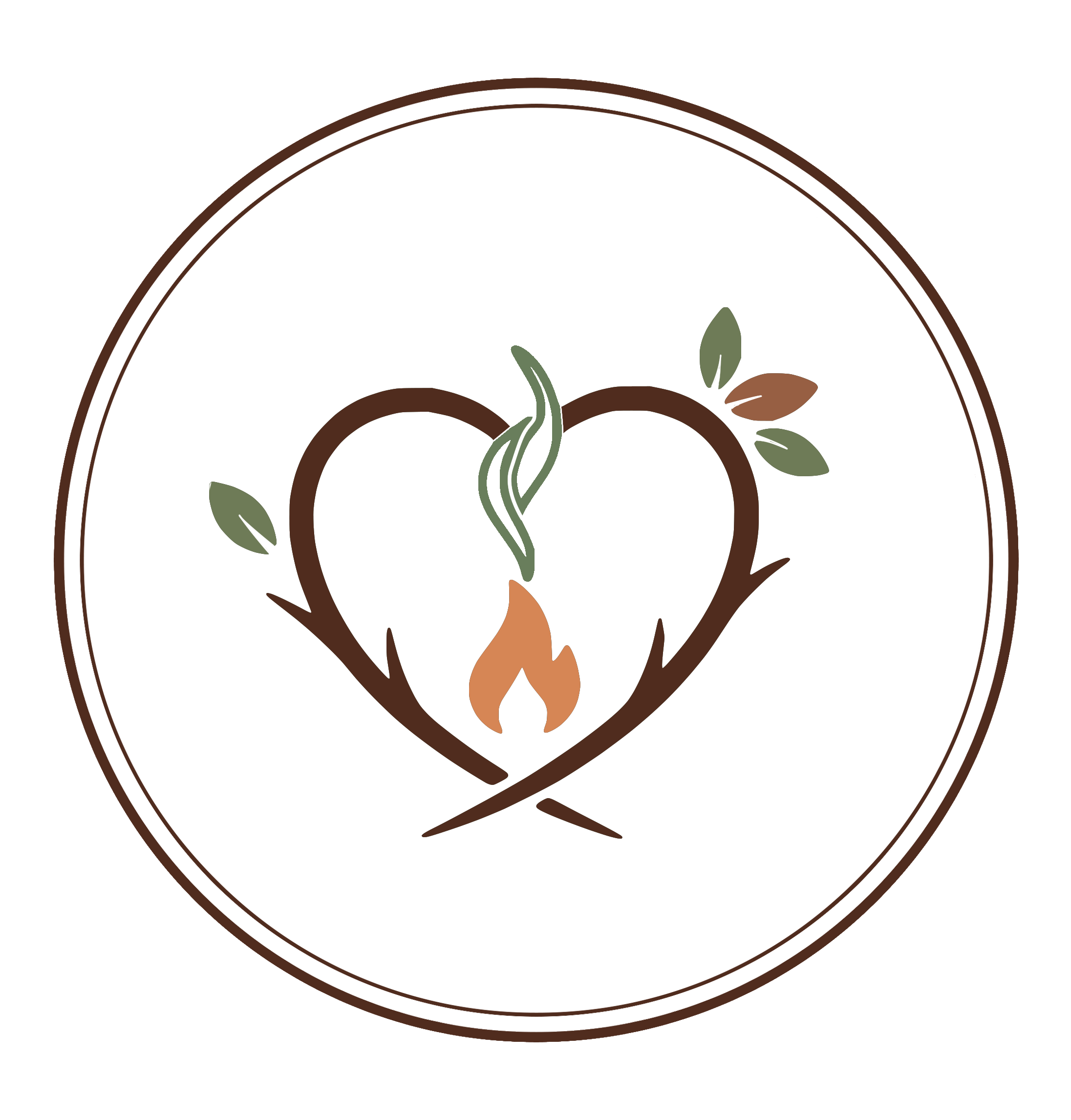 Cercle brun doublé comprenant le logo des Hébergements Coeurs Nomades. Des branches d'arbre forment un coeur au sein duquel un feu de camp brûle, rappelant notre slogan: repos, connexion, Nature