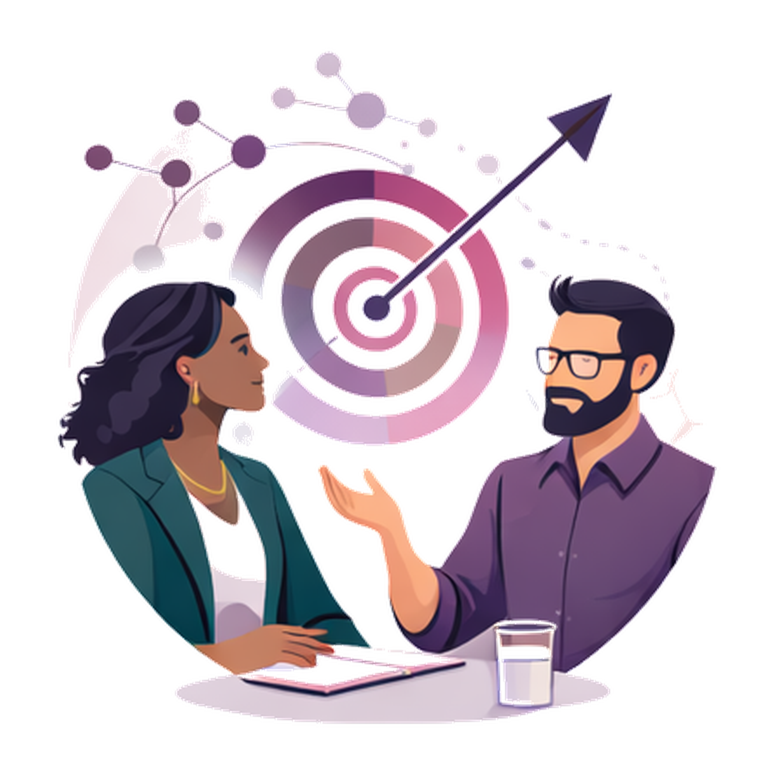 Illustration of a man and woman discussing strategies in front of a target with an arrow hitting the center, representing goal-setting or achievement.