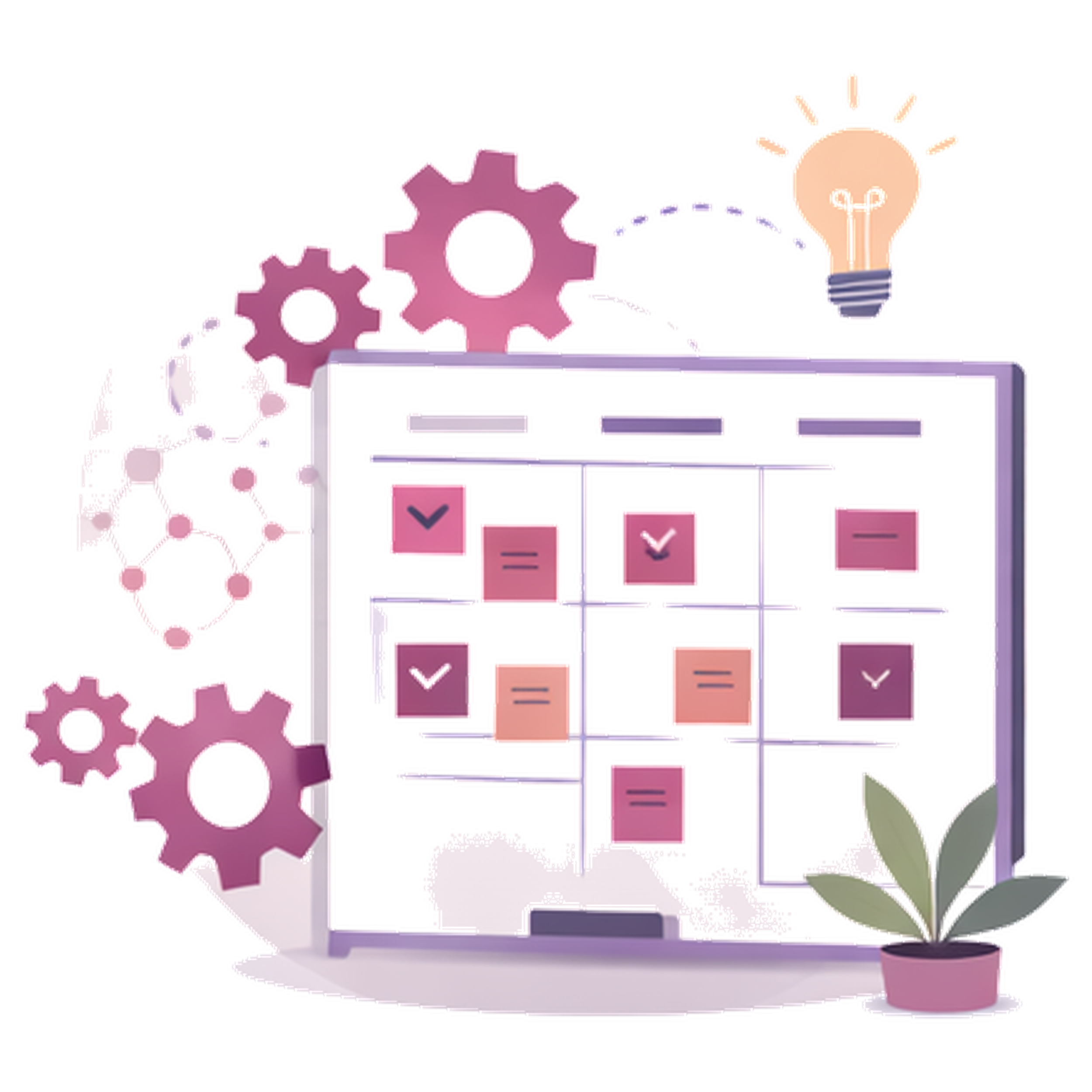 An abstract illustration of a calendar or planner with gears, a light bulb, and a potted plant nearby, representing ideas, planning, and productivity.