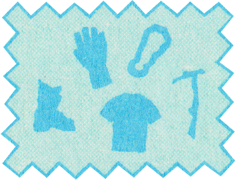 Symbole für Skischuh und Karabiner, daneben Handschuh, Eispickel, T-Shirt
