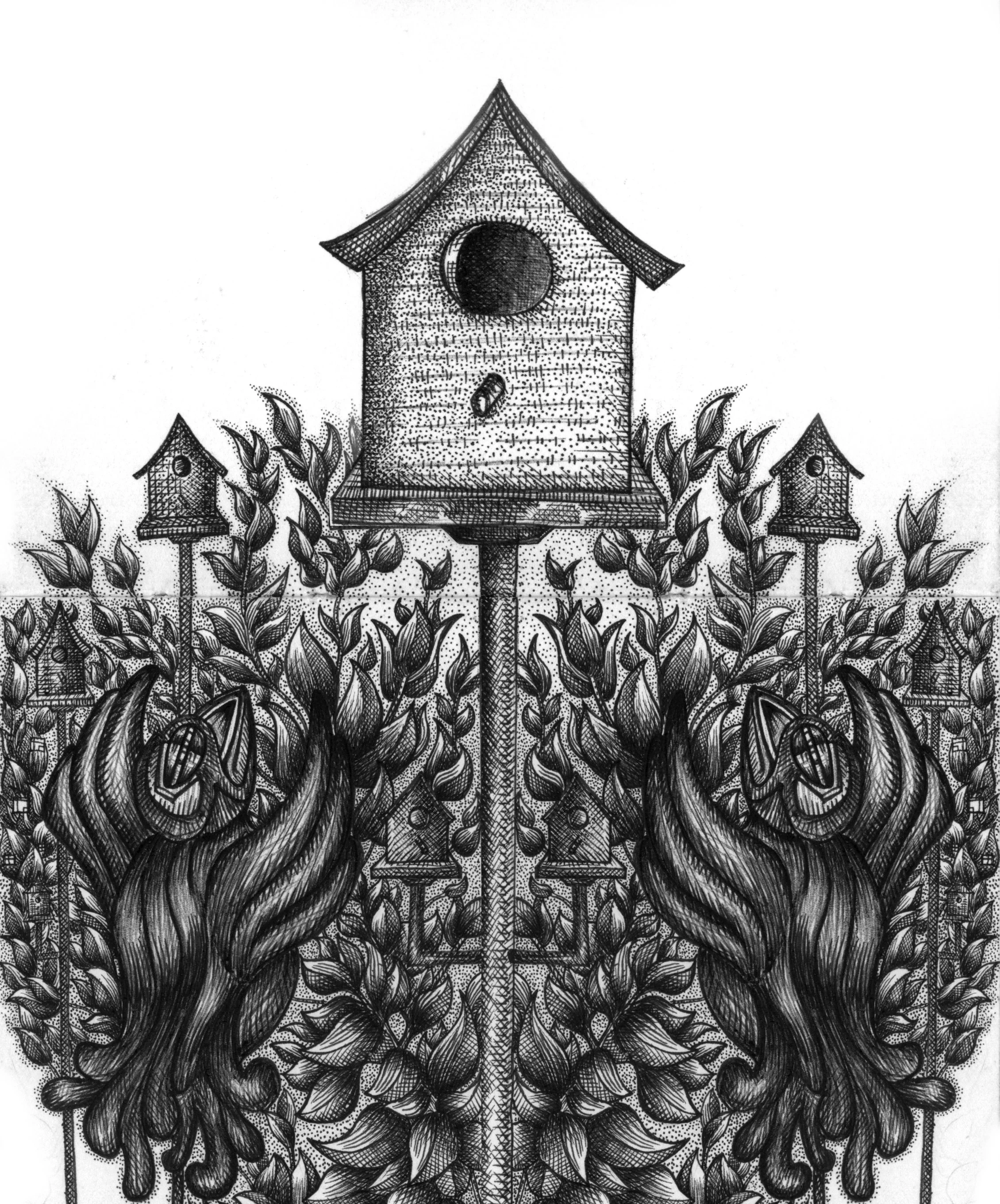 A detailed black and white drawing of a birdhouse garden scene with multiple birdhouses on stilts, surrounded by foliage, and large ornamental hands holding a birdhouse in the foreground.