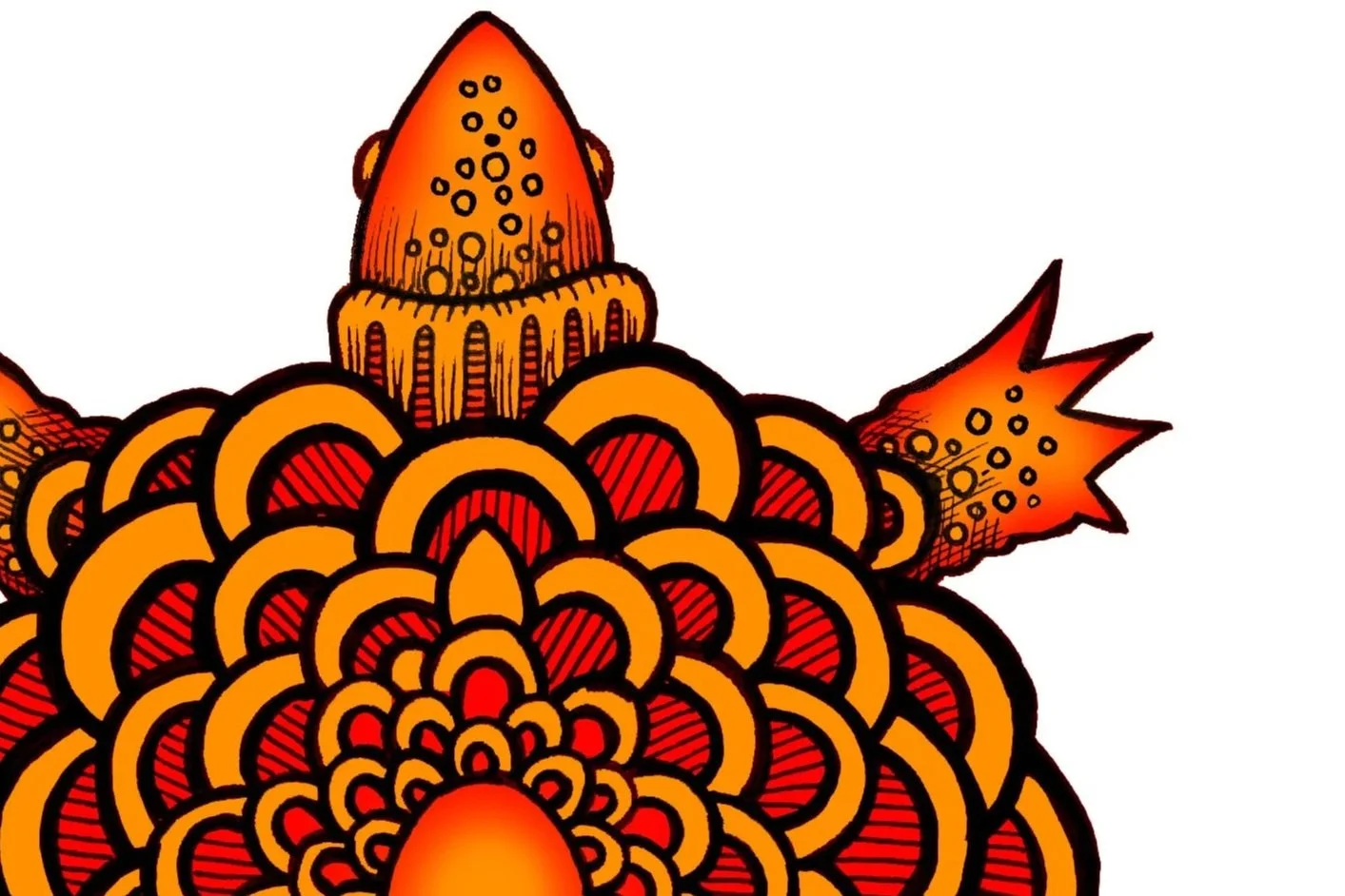 Colorful abstract mandala design with orange, red, and yellow patterns and shapes.