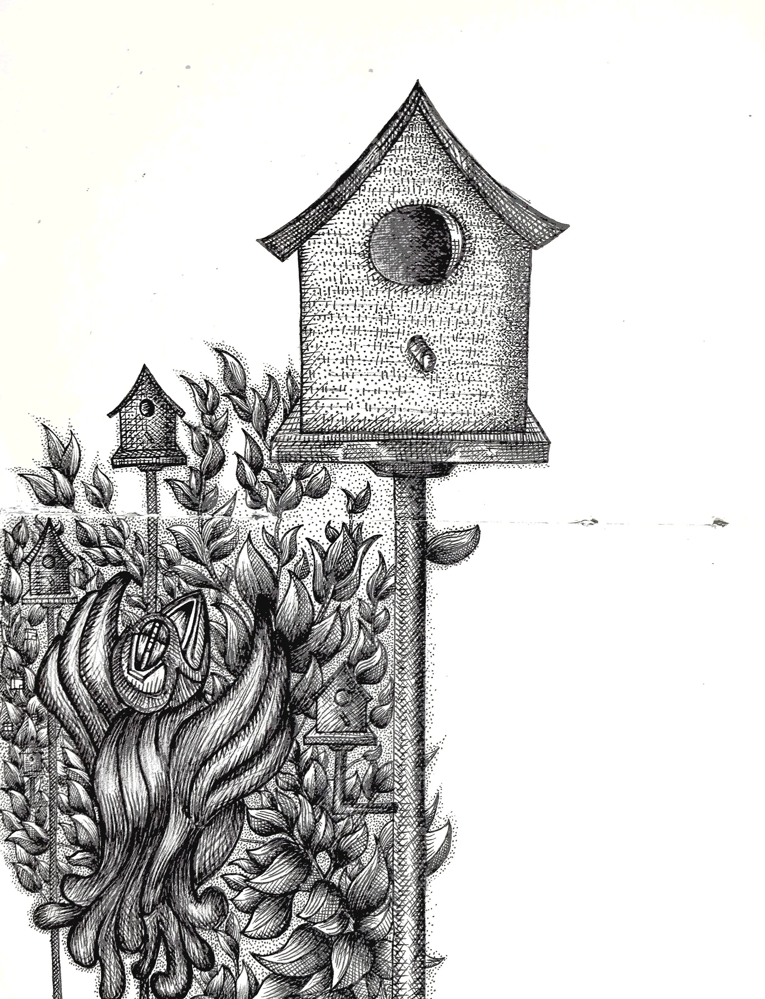 Black and white sketch of birdhouses on poles and tree with leaves.