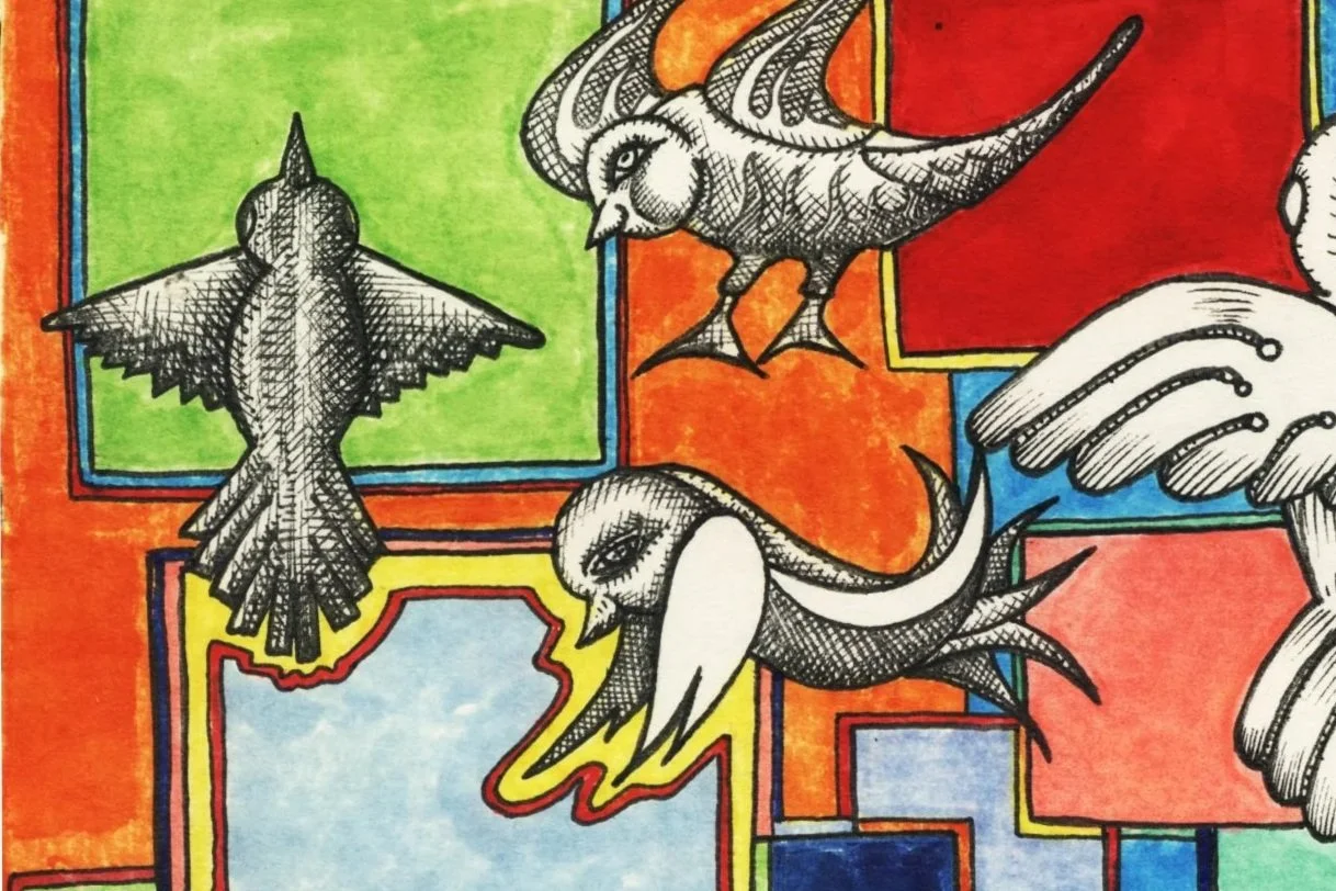 Colored illustration of dragons and a bird within a patchwork of colorful rectangles.