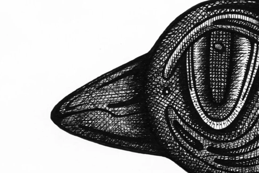 Black and white, abstract, wireframe illustration of a fish with a clock inside its head.