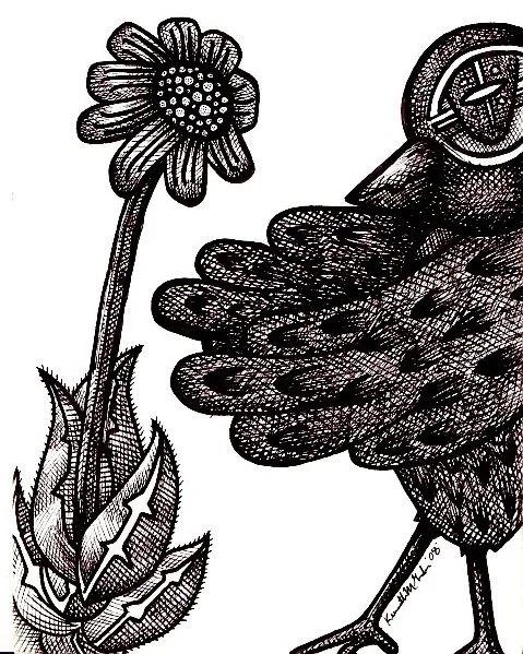 Black and white illustration of a sunflower with a bee nearby.