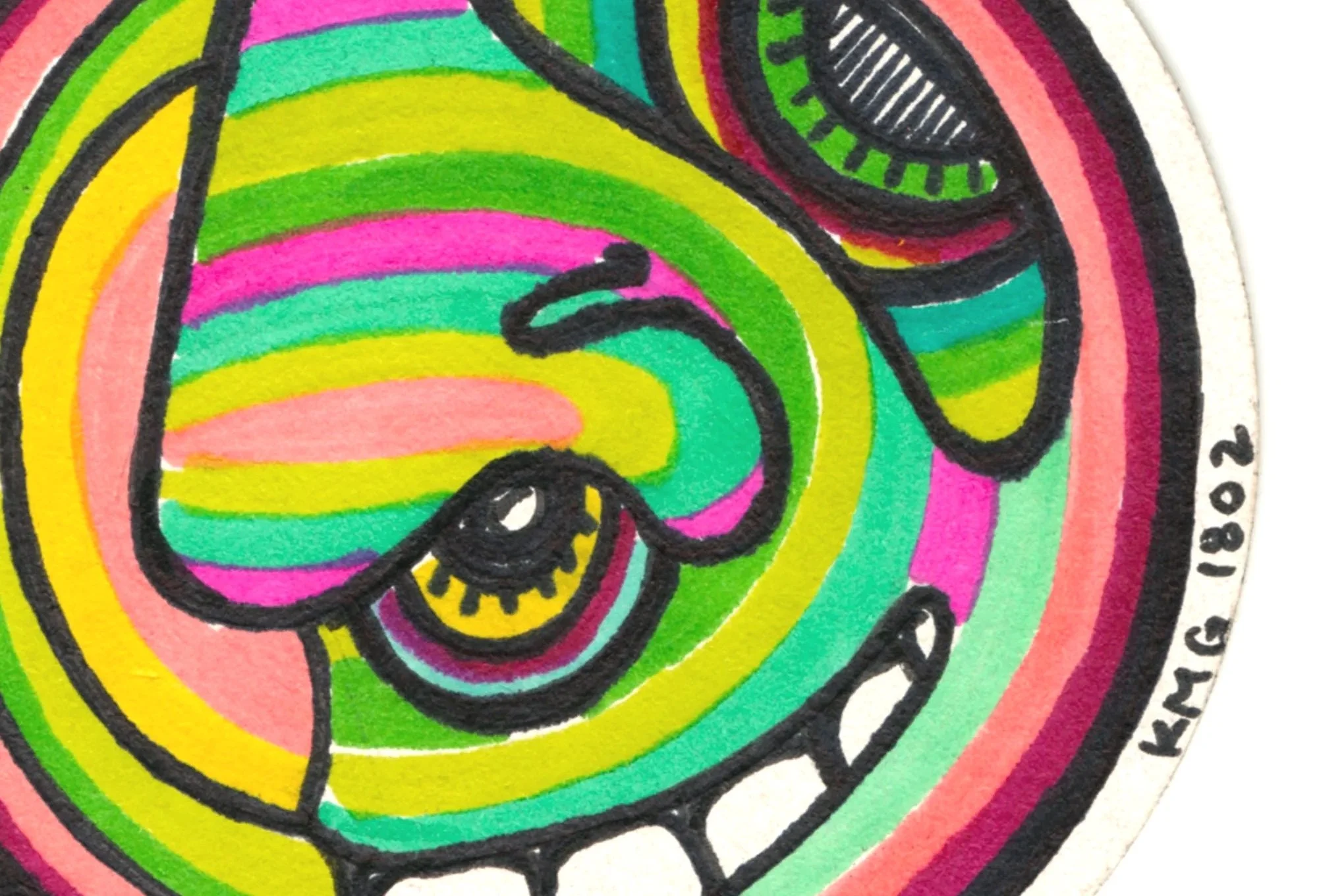 Colorful abstract drawing of a snake with large black eyes, outlined in black, with stripes of pink, yellow, green, and blue. The snake's head is visible, with a spiral-shaped body. The artist's signature and date 'KING 1880' are in the bottom right corner.
