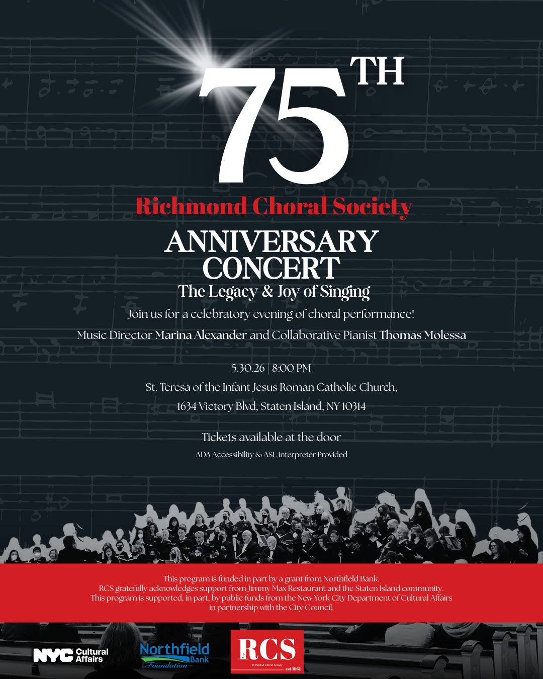 Poster displaying information for the Richmond Choral Society's 75th Anniversary Concery