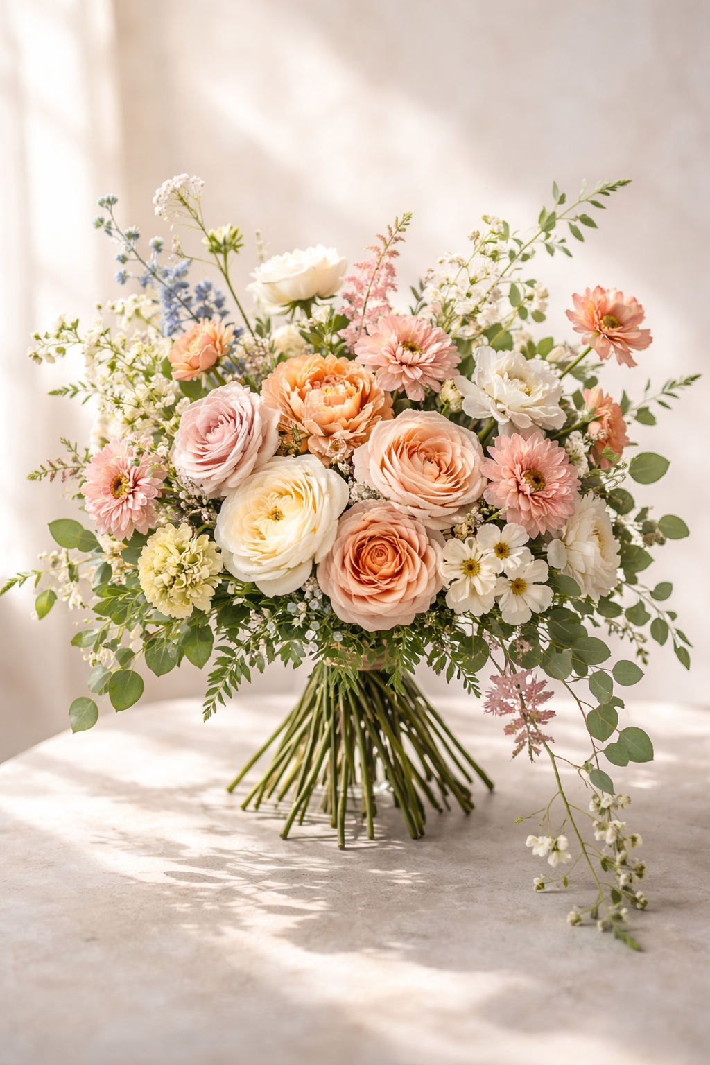 A bouquet of pastel-colored flowers including roses, daisies, and greenery on a light-colored surface with soft natural lighting.