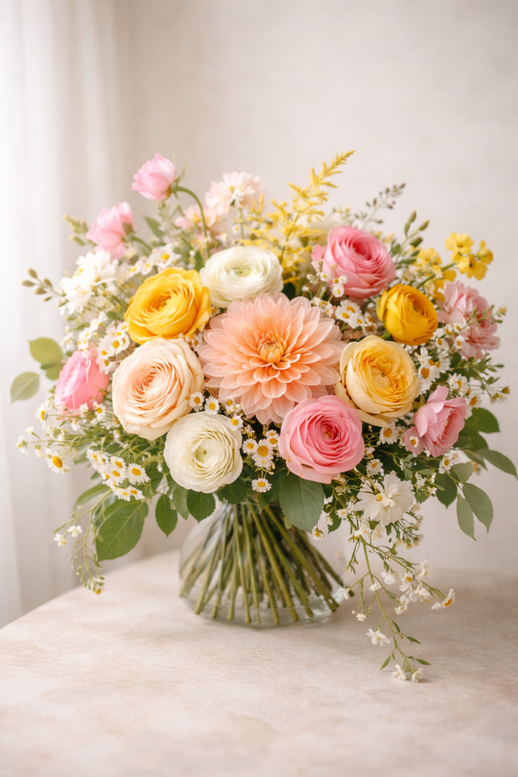A bouquet of mixed flowers in a glass vase on a light-colored surface.
