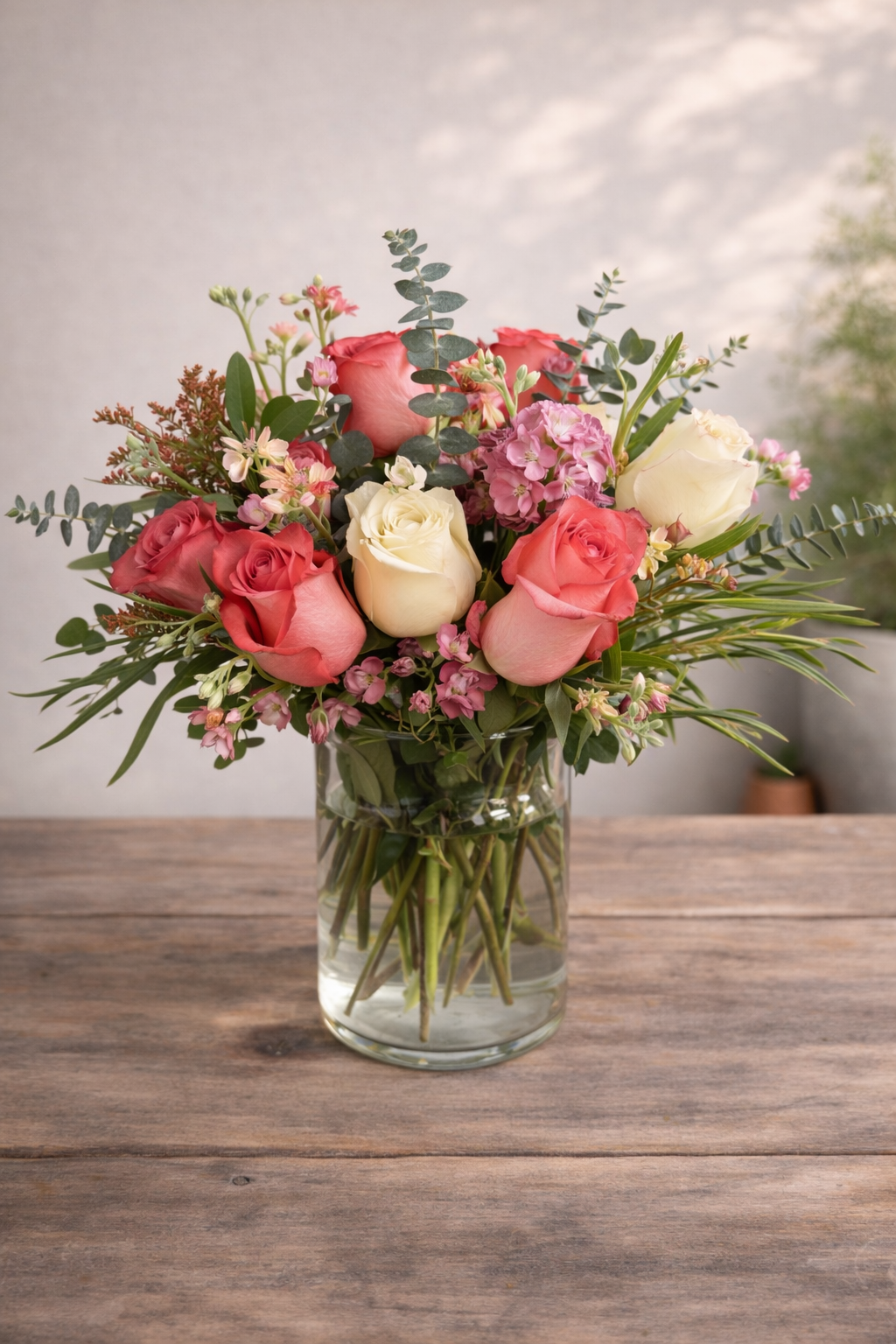 A clear glass vase filled with a bouquet of pink, white, and peach roses, pink and white small flowers, and green leaves, St. George delivery.