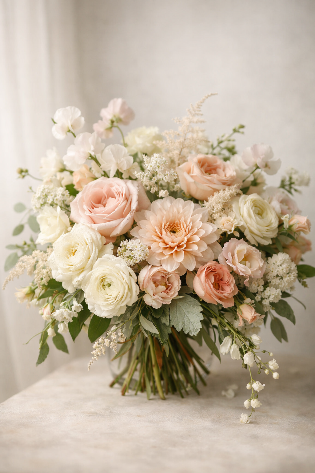 Elegant bouquet of soft pink, white, and cream flowers with green foliage, arranged in a round shape on a light-colored surface.
