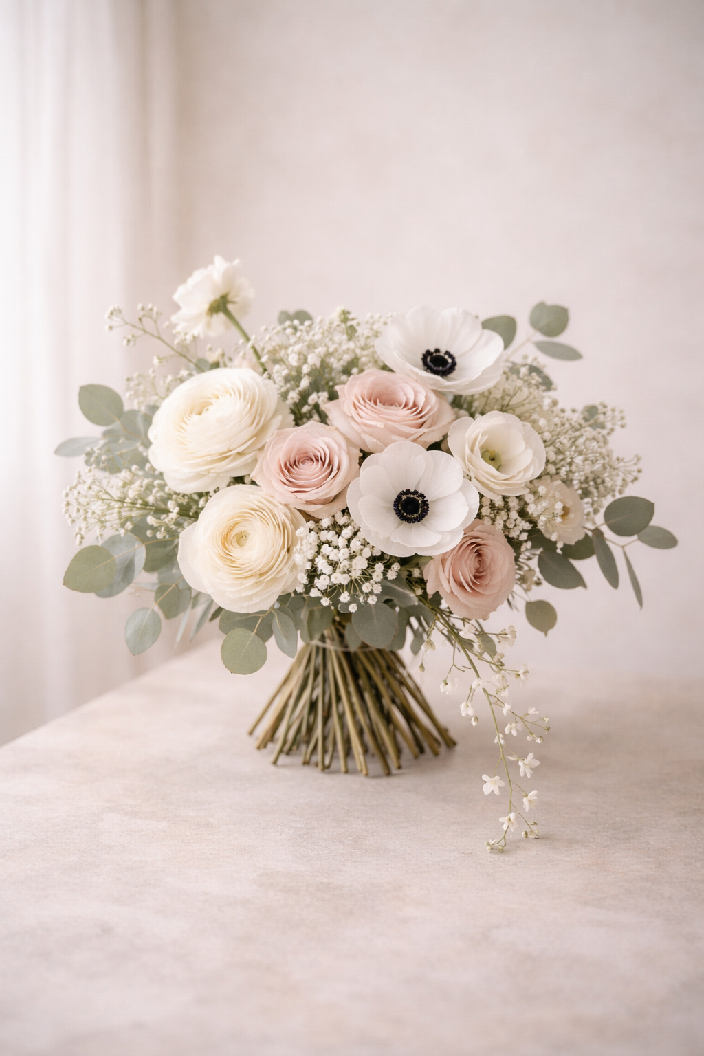 Elegant floral bouquet with white anemones, blush roses, white ranunculus, baby's breath, and eucalyptus in a woven vase, on a light-colored surface.