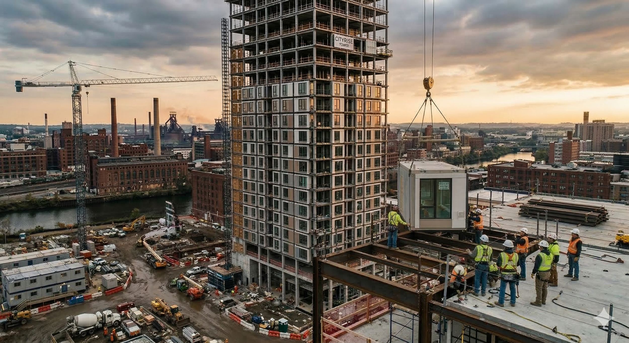 Construction site with workers, cranes, and a partially built high-rise building in an urban area during sunset.