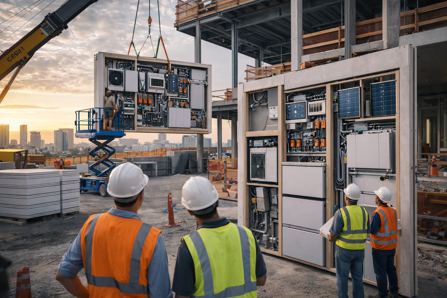 Construction site featuring electrical control panels with solar panels, workers wearing hard hats and safety vests, and a crane lifting equipment with a city skyline in the background during sunset.