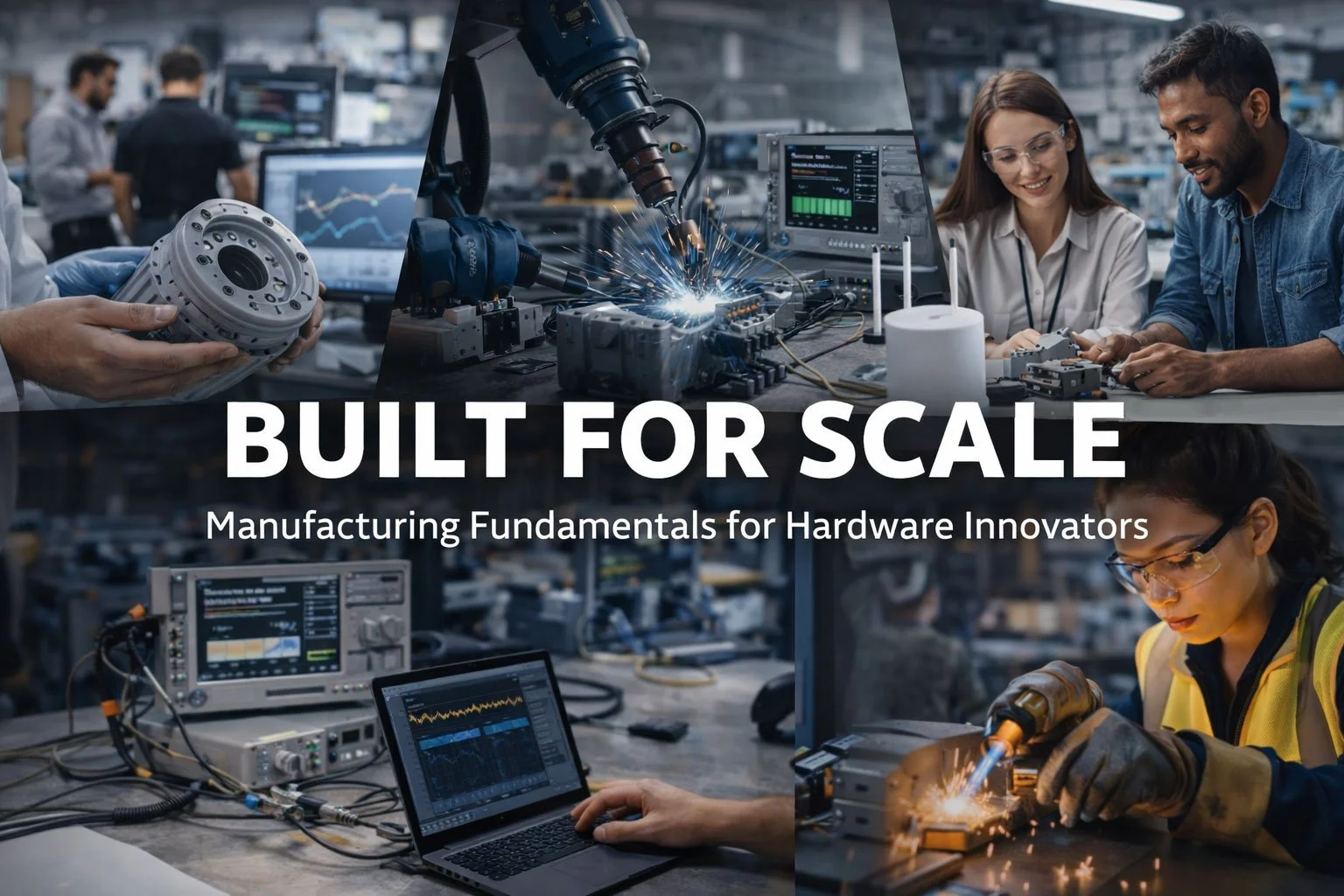 Collage of manufacturing and engineering scenes with workers and equipment, overlay with text 'Built for Scale: Manufacturing Fundamentals for Hardware Innovators'.