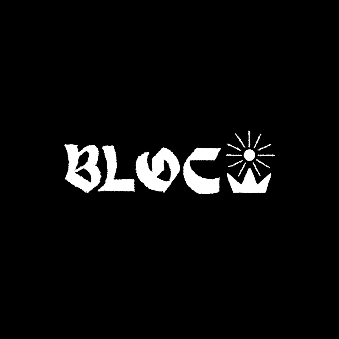 An animated GIF showing black and white Heraldry inspired illustrations under the theme of BLOC.