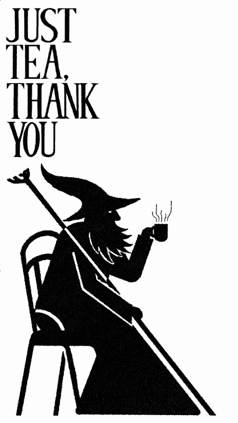 An animated GIF, a black and white illustration of Gandalf from The Lord of the Rings sitting on a chair, holding a mug, with text that says "Just Tea, Thank You". The smoke from the warm tea turns into a dragon.