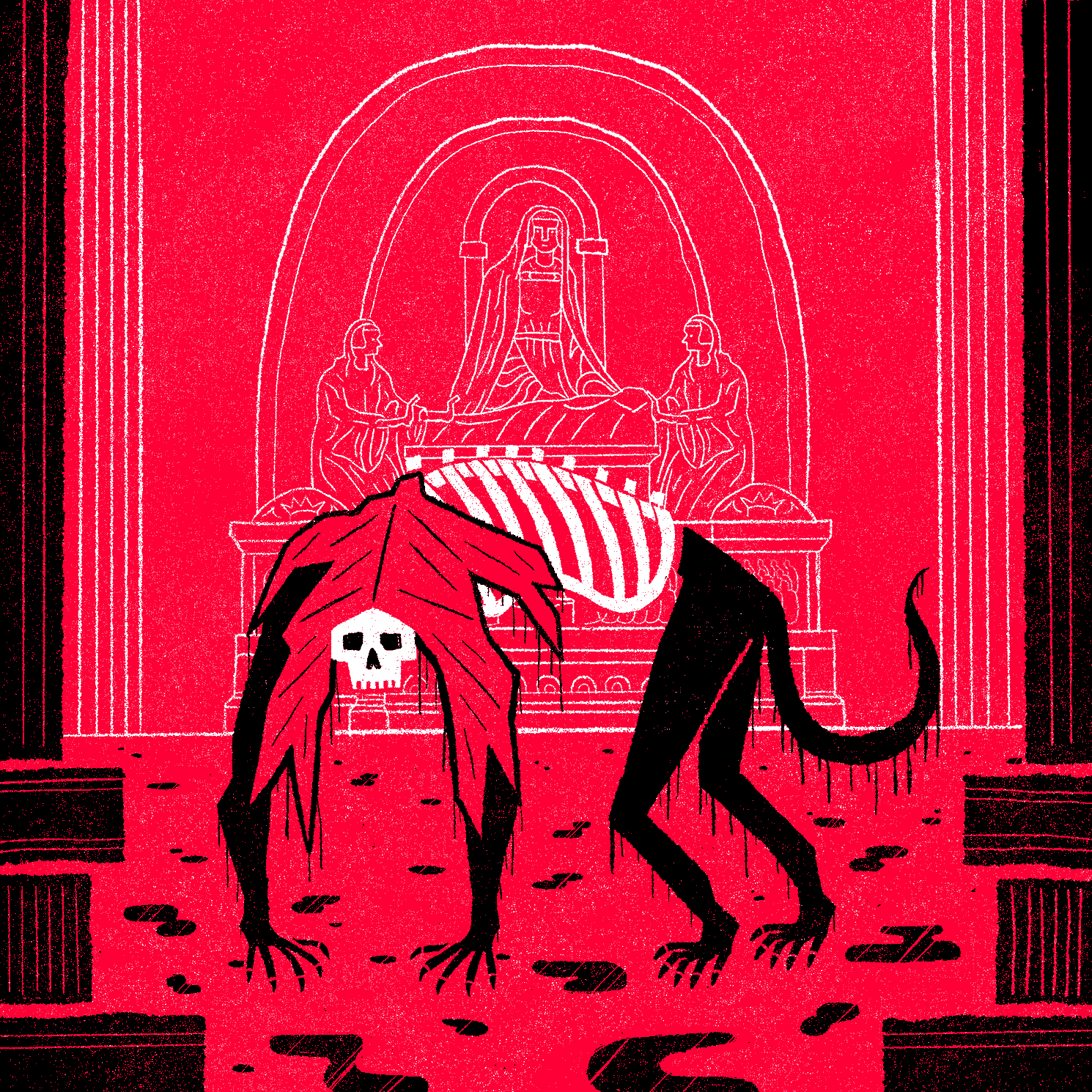 A series of illustrations from FromSoftware's video game Bloodborne. Featuring bosses, monsters, demons and warriors against a red background.