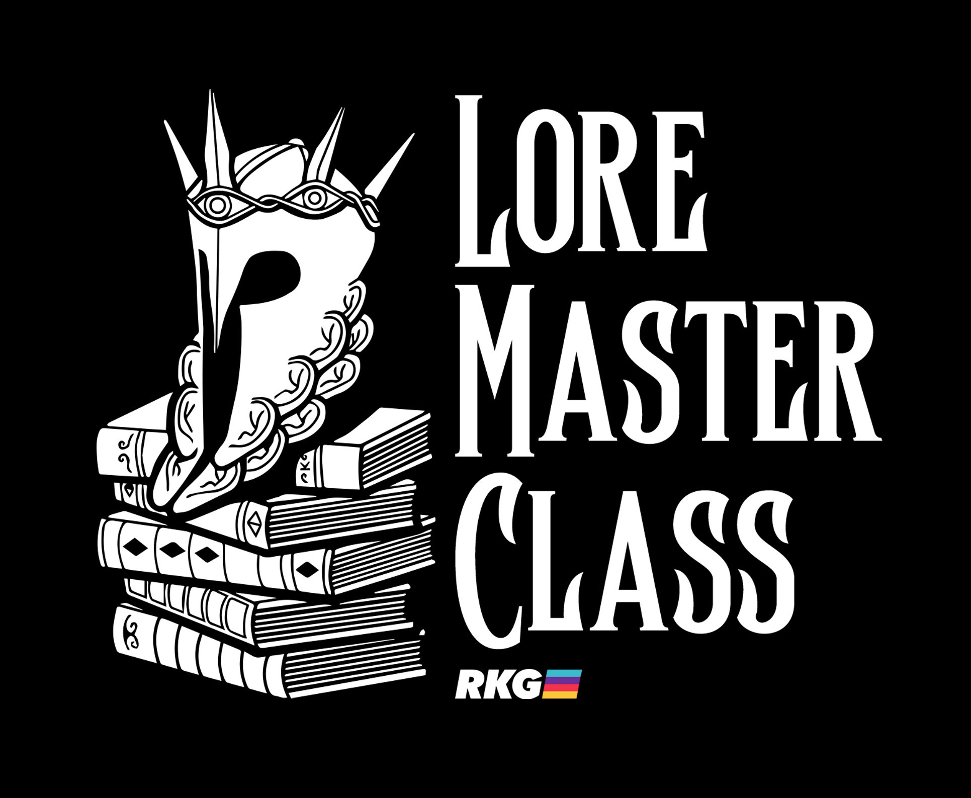RKG show logo for 'Lore Master Class' Illustration and typographic design depicting a black and white illustration of a stack of books with a crown on top from FromSoftware's video game Elden Ring.