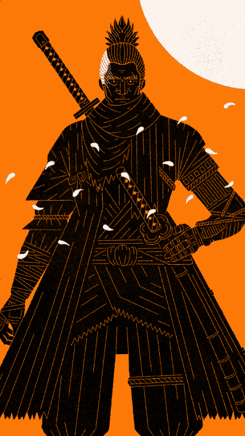 An animated GIF of Wolf from FromSoftware's video game Sekiro. A stylised illustration of a samurai warrior in black with a sword on their back, set against an orange background with falling white petals.