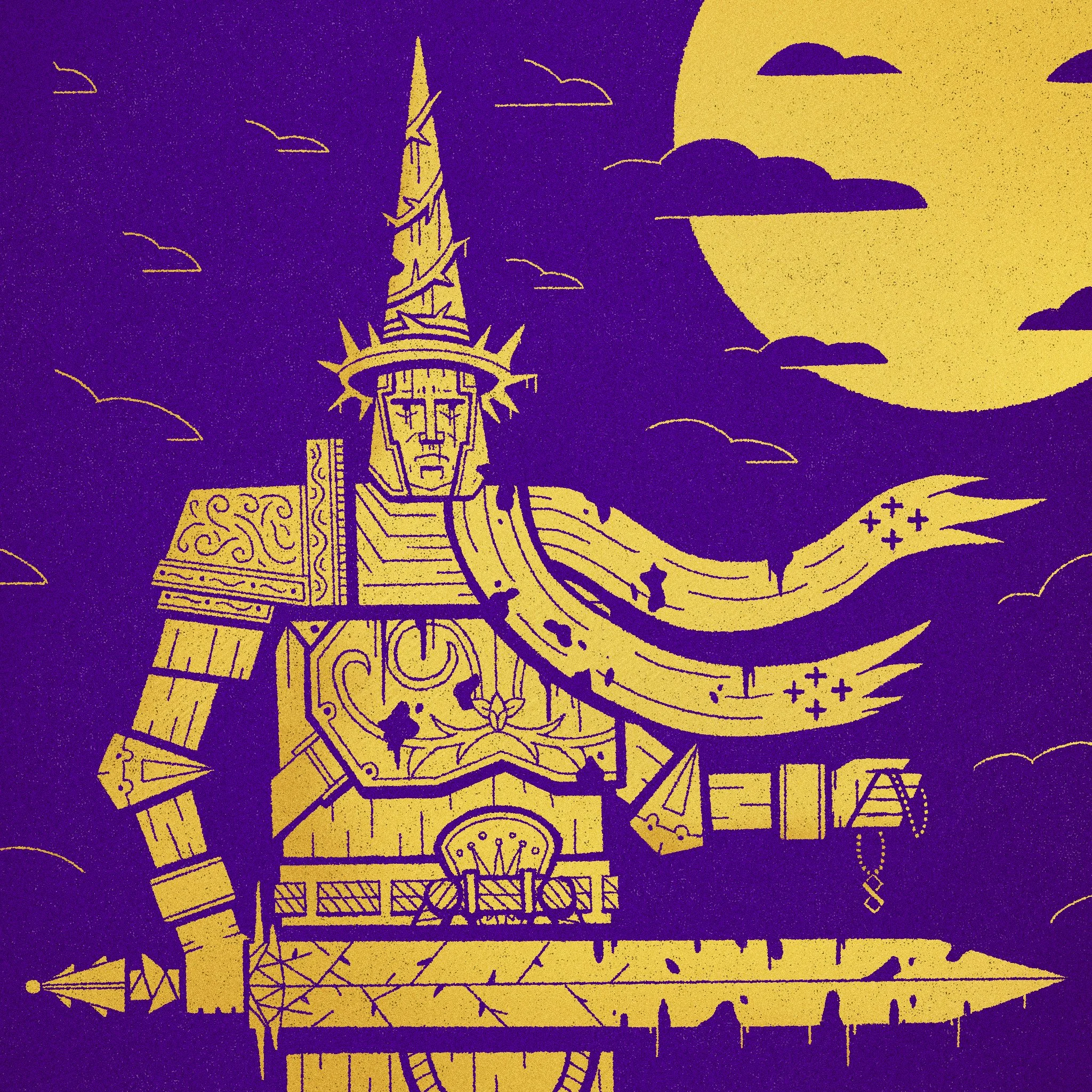 A stylised illustration of The Penitent One from the video game Blasphemous, set against a dark purple background featuring clouds and a large yellow moon.